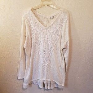EYELASH Women's Sz 1X Cream V-neck Lace Long Sleeve Sweater Slub Knit...